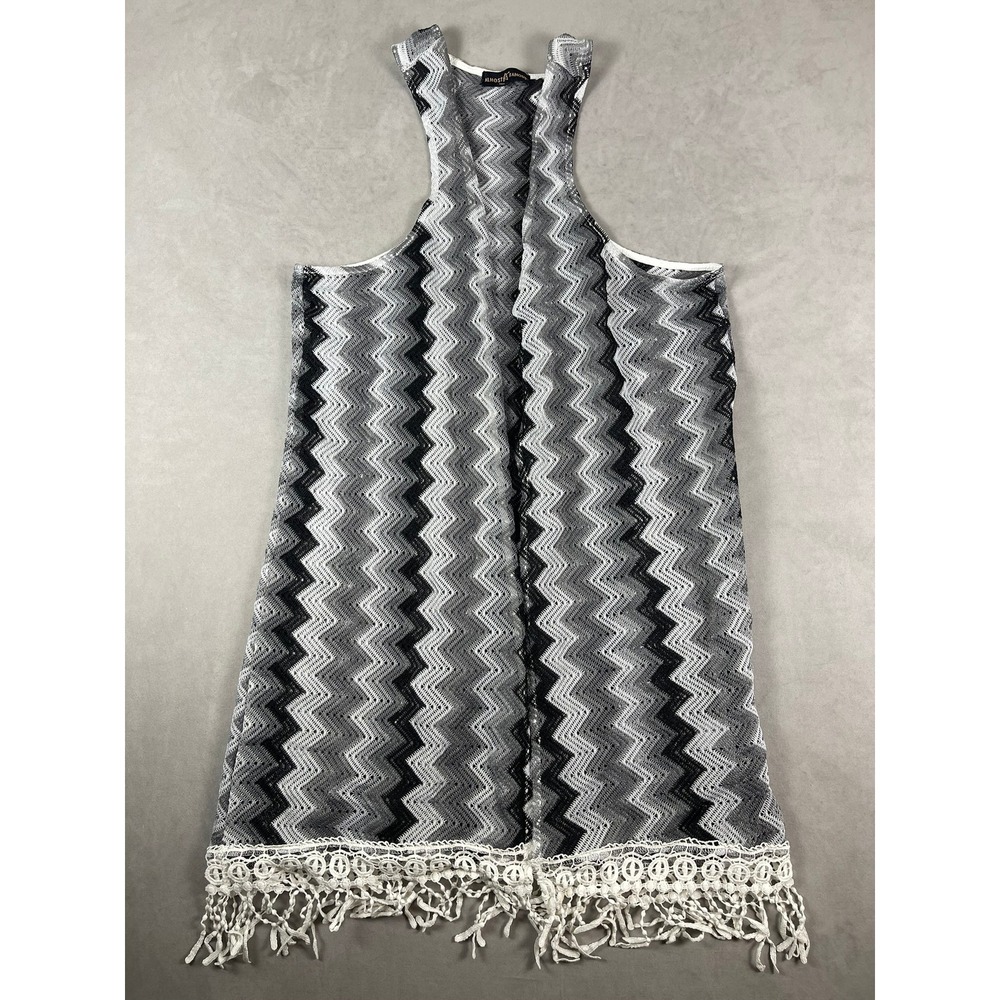 Almost Famous Womens Chevron Zigzag Open Front Vest Crochet Fringe Black Large